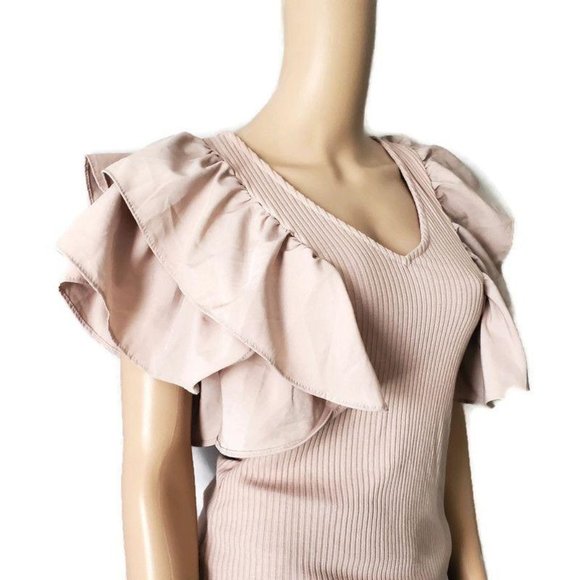 Haute Monde Women's Layered Flutter Sleeves Ribbed Blouse Blush Pink Size Medium - Picture 5 of 14